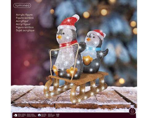 LED Pinguin auf Schlitten Acryl Outdoor kaltweiße LED 61.5x31x56.5cm