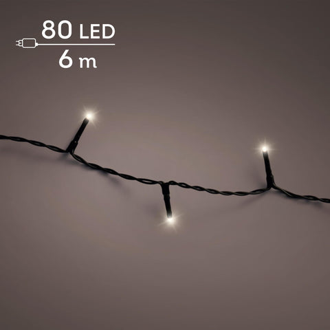 Led-lichterkette basic warmweiss mit 80 warmweißen leds auf schwarzer verdrehter kordel, 6 meter lang