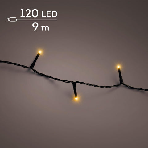 Led-lichterkette basic klassischwarm mit 120 warmweißen leds in schwarzer kunststofffassung und gedrehtem schwarzem kabel