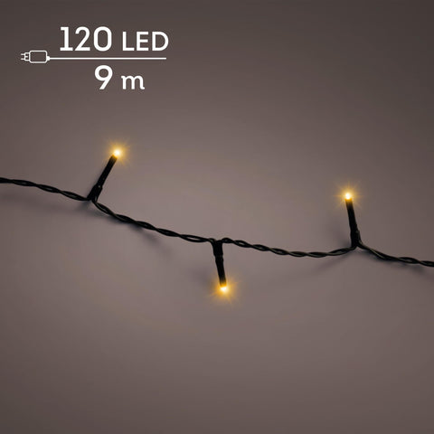 Led-lichterkette basic klassischwarm mit 120 warmweißen leds in schwarzer plastikfassung und schwarzem twisted kabel