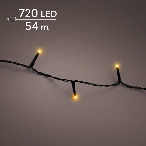 Led-lichterkette basic klassischwarm mit 720 warmweißen leds auf schwarzem twisted cord, 54 meter lang