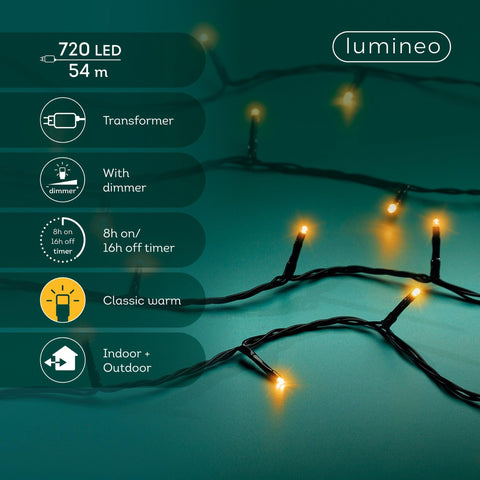 Led-lichterkette mit 720 warmweißen leds, schwarzer kabel, integriertem trafo und dimmer für innen und außen