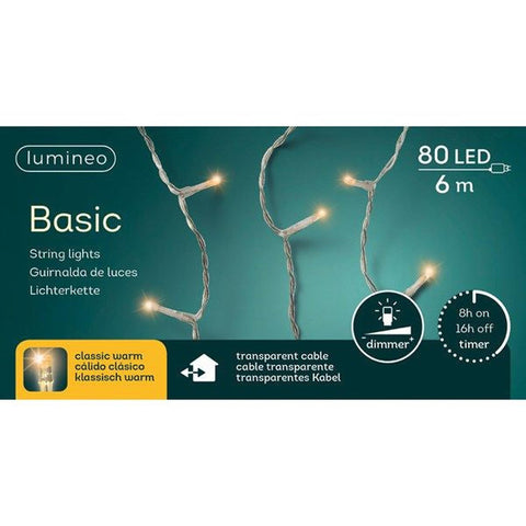 Led-lichterkette basic klassischwarm mit 80 warmweißen leds auf transparentem kabel mit dimmer und timerfunktion