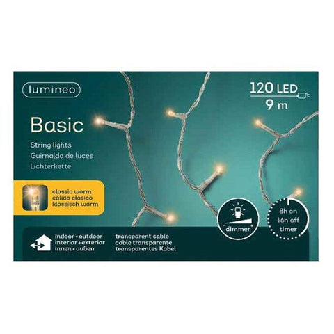 Lumineo basic string lights with 120 warm white leds on transparent cable for indoor and outdoor use 9 m long