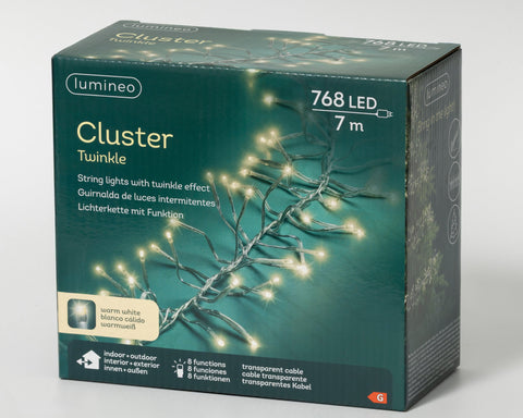 LED Lichterkette Cluster 8 Leuchtmodi Outdoor transparent 768 warmweiße LED 700cm