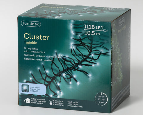 LED Lichterkette Cluster 8 Leuchtmodi Outdoor schwarz 1128 kaltweiße LED 1050cm