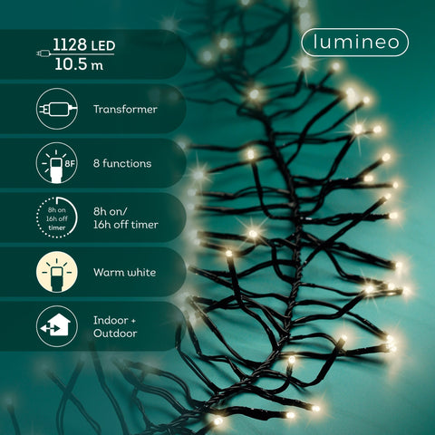 LED Lichterkette Cluster 8 Leuchtmodi Outdoor schwarz 1128 warmweiße LED 1050cm