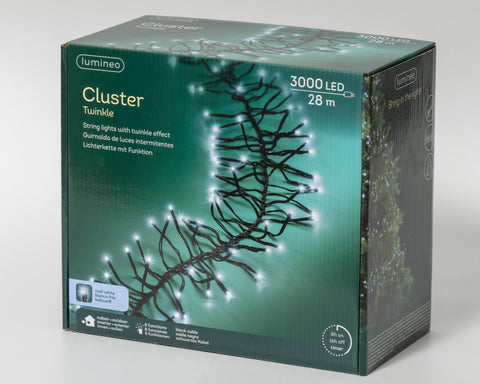 LED Lichterkette Cluster 8 Leuchtmodi Outdoor schwarz 3000 kaltweiße LED 2800cm