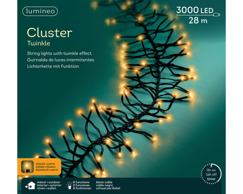 LED Lichterkette Cluster 8 Leuchtmodi Outdoor schwarz 3000 klassischwarme LED 2800cm