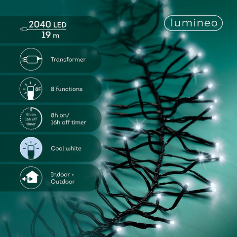 LED Lichterkette Cluster 8 Leuchtmodi Outdoor schwarz 2040 kaltweiße LED 1900cm