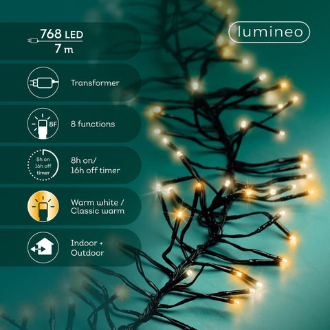 LED Lichterkette Cluster 8 Leuchtmodi Outdoor schwarz 768 warmweiße & klassischwarme LED 700cm