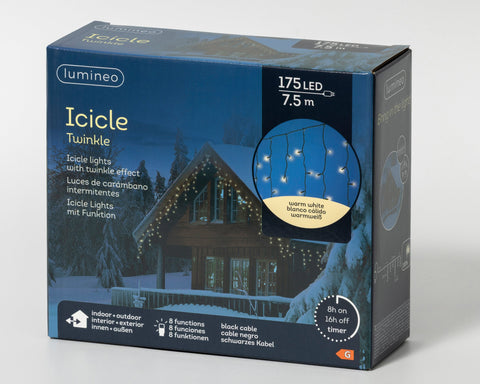 LED Icicle Lichterkette 8 Leuchtmodi Outdoor schwarz 175 warmweiße LED 750x50cm