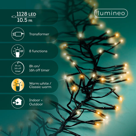 LED Lichterkette Cluster 8 Leuchtmodi Outdoor schwarz 1128 warmweiße & klassischwarme LED 1050cm