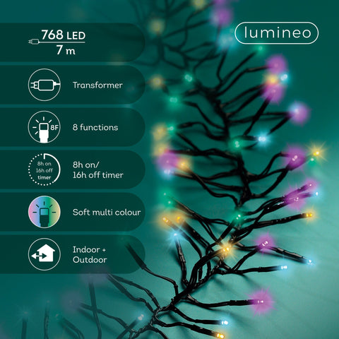 LED Lichterkette Cluster 8 Leuchtmodi Outdoor schwarz 768 softbune LED 700cm