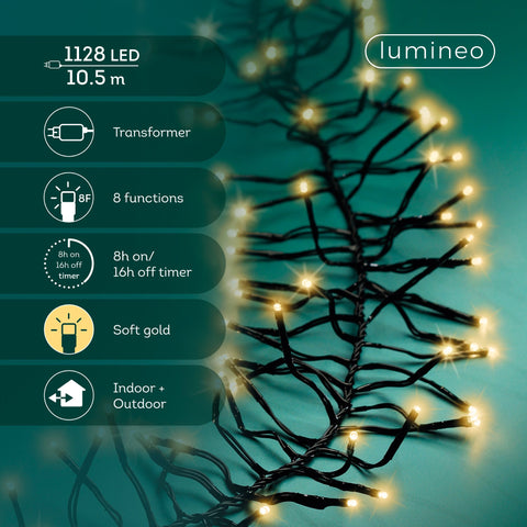 LED Lichterkette Cluster 8 Leuchtmodi Outdoor schwarz 1128 softgoldene LED 1050cm