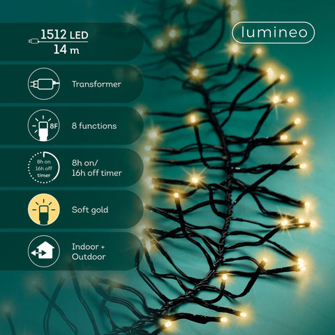 LED Lichterkette Cluster 8 Leuchtmodi Outdoor schwarz 1512 softgoldene LED 1400cm