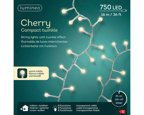 LED Cherrybeleuchtung 8 Leuchtmodi Outdoor transparent 750 warmweiße LED 1600cm