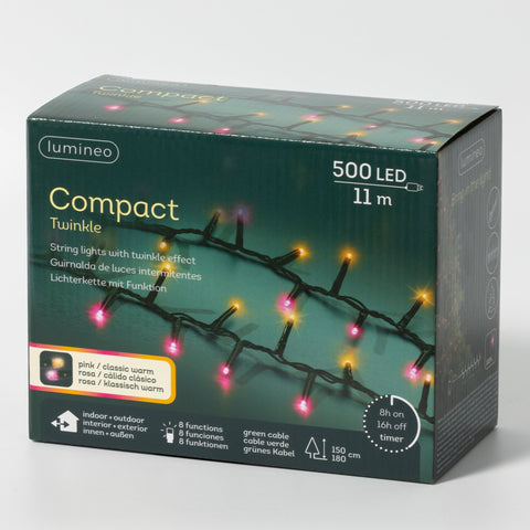 LED Lichterkette Compact 8 Leuchtmodi Outdoor grün 500 pinke & klassischwarme LED 1100cm
