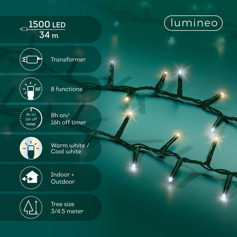 LED Lichterkette Compact 8 Leuchtmodi Outdoor grün 1500 warmweiße & kaltweiße LED 3400cm