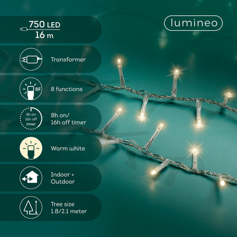 LED Lichterkette Compact 8 Leuchtmodi Outdoor transparent 750 warmweiße LED 1600cm