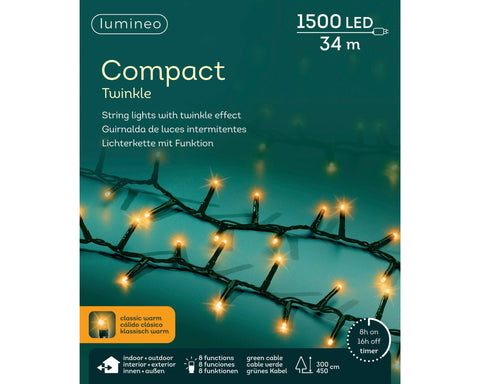 LED Lichterkette Compact 8 Leuchtmodi Outdoor grün 1500 klassischwarme LED 3400cm