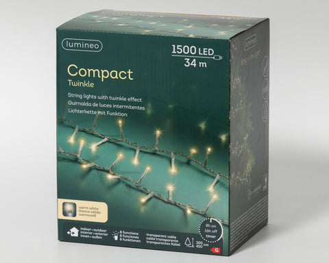 LED Lichterkette Compact 8 Leuchtmodi Outdoor transparent 1500 warmweiße LED 3400cm