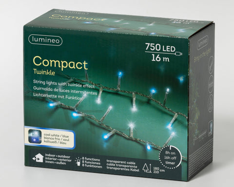LED Lichterkette Compact 8 Leuchtmodi Outdoor transparent 750 blaue & kaltweiße LED 1600cm