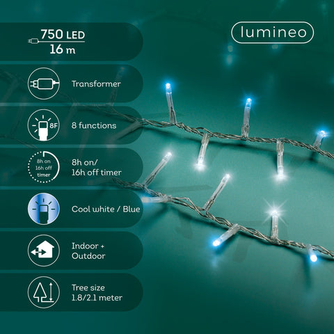 LED Lichterkette Compact 8 Leuchtmodi Outdoor transparent 750 blaue & kaltweiße LED 1600cm