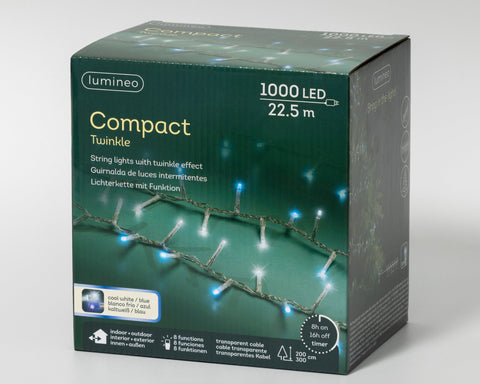 LED Lichterkette Compact 8 Leuchtmodi Outdoor transparent 1000 blaue & kaltweiße LED 2250cm