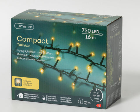 LED Lichterkette Compact 8 Leuchtmodi Outdoor grün 750 softgoldene LED 1600cm
