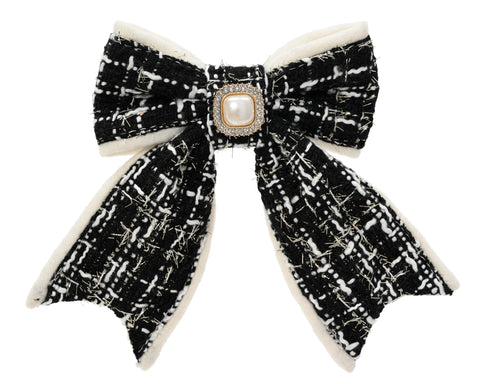 Schleife schwarz 2.5x11x14cm schwarzer und weißer tweed haarclip mit perlenmittelstück