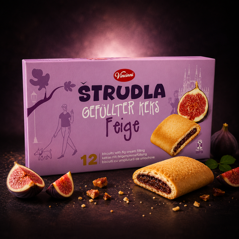 Box mit strudla gefülltem keks feige 240g in lila mit abbildung und mehrsprachigem text