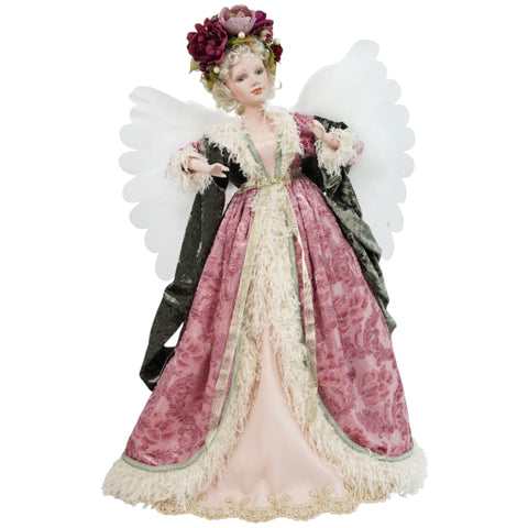 Ein 80cm hoher engel animiert mit pink schwarz gemustertem samtkleid weißen federn und blumenkranz