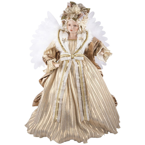 Ein dekorativer engel gold animiert 49x23x65cm mit weißen federflügeln in gold-creme plissiertem spitzenkleid
