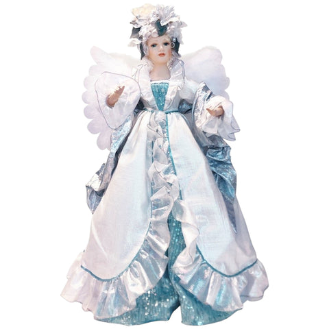 Ornamentale porzellan engel figur 55x23,5x80cm mit weißem und tealfarbenem kleid aus spitze und pailletten