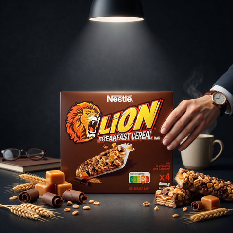 Nestlé lion frühstücks cerealien riegel box mit orange-gelbem löwenlogo auf braunem hintergrund und vier einzeln verpackten riegeln