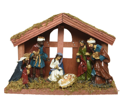 Holzkrippe mdf mit bemalten figuren maria josef jesus und 3 könige unter dach mit strohdeckung