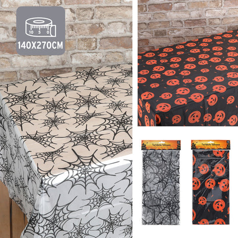 Tischdecke halloween 140x270 cm weiß mit schwarzem spinnenwebmuster und verpackten orange kürbismotiven