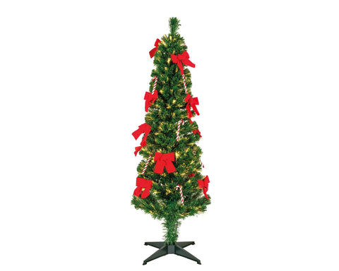 Ein festlicher surrey fiber optic baum led mit grünen nadelzweigen, roten schleifen und zuckerstangendekorationen