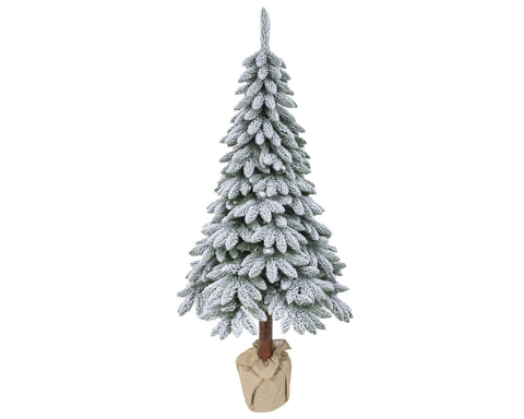 Flocked künstlicher weihnachtsbaum tora kiefer mit dichten texturierten zweigen und braunem stamm in beigem papier