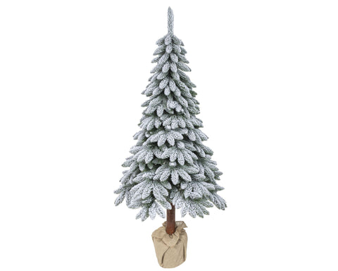Flockierter künstlicher weihnachtsbaum tora kiefer mit braunem stamm und beigefarbener papierummantelter basis