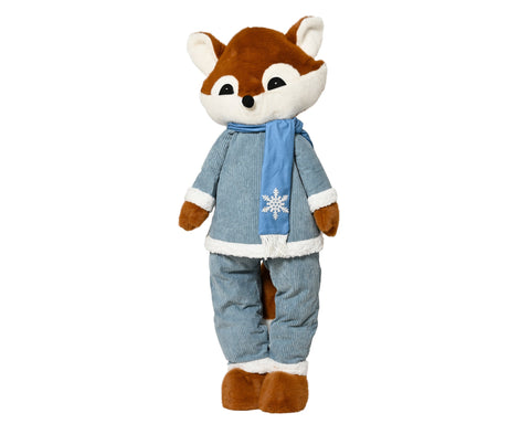 Ein plüschfuchs in blauem kordanzug mit weißer bordüre und schneeflockenschal 40x25x110cm