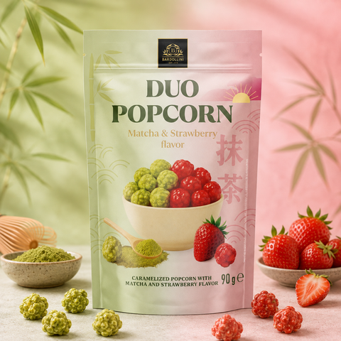 Ein farbenfroher pink-grüner bardolini duo popcornbeutel mit matcha und erdbeergeschmack und karamellisierten popcornstücken