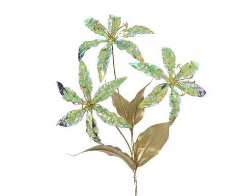 Irdiszierender grüner und goldener metallic-blumenstrauß mit schimmernden blütenblättern und polyesterblättern
