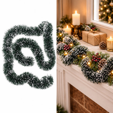 Deko girlande grün mit schneespitze und warmweißen leds in 180 cm länge und 9 cm durchmesser