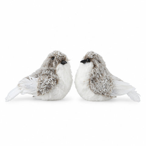Zwei vogel fell auf clip braun 12x6x8cm mit plüschigen weiß-grauen federn und silberglitzer auf den flügeln
