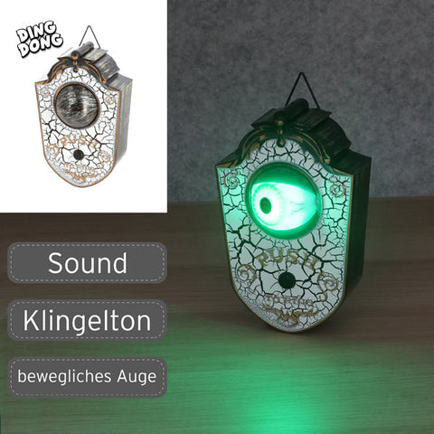Spooky weiße und goldene animierte türklingel gruselauge mit leuchtendem grünem auge 18 cm groß