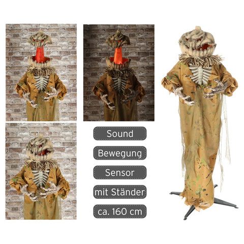 Ein 160 cm hoher animatronic kürbismonster scarecrow mit kürbiskopf und abgenutztem braunem stoffoutfit