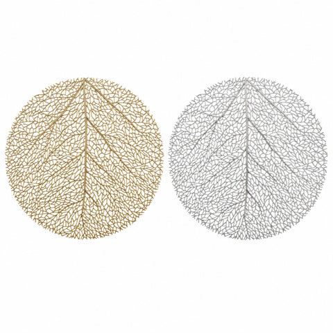 Rundes tischset gold silber 38x0,01cm aus drahtgeflecht in blattform beige und silber mit feinen venenmustern