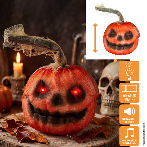 Halloween-kürbis animiert ø 20cm orange mit leuchtend roten augen schwarzem gesicht und mit käseband umwickeltem stiel